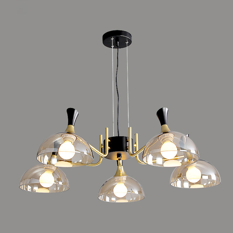Bowl Shaped Restaurant Hanging Lighting Glass Postmodern Chandelier with Grip in Black-Brass 5 Amber Clearhalo 'Ceiling Lights' 'Chandeliers' 'Modern Chandeliers' 'Modern' Lighting' 2357284