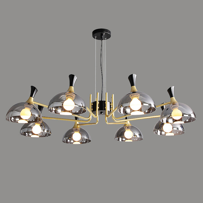 Bowl Shaped Restaurant Hanging Lighting Glass Postmodern Chandelier with Grip in Black-Brass 8 Smoke Gray Clearhalo 'Ceiling Lights' 'Chandeliers' 'Modern Chandeliers' 'Modern' Lighting' 2357286