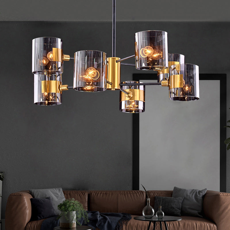 Cylinder Shaped Hanging Chandelier Postmodern Smoke Grey Glass Living Room Pendant Light in Brass Clearhalo 'Ceiling Lights' 'Chandeliers' 'Modern Chandeliers' 'Modern' Lighting' 2357292