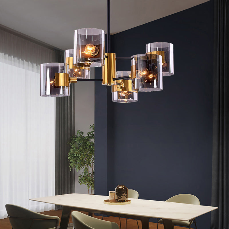Cylinder Shaped Hanging Chandelier Postmodern Smoke Grey Glass Living Room Pendant Light in Brass Clearhalo 'Ceiling Lights' 'Chandeliers' 'Modern Chandeliers' 'Modern' Lighting' 2357293