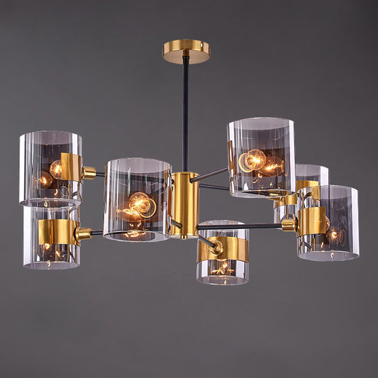 Cylinder Shaped Hanging Chandelier Postmodern Smoke Grey Glass Living Room Pendant Light in Brass Clearhalo 'Ceiling Lights' 'Chandeliers' 'Modern Chandeliers' 'Modern' Lighting' 2357294