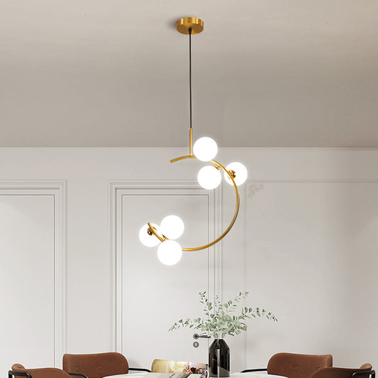 Ball Opaline Glass Hanging Lamp Simplicity Chandelier Light Fixture with C Arm for Bedroom 6 Gold Clearhalo 'Ceiling Lights' 'Chandeliers' 'Modern Chandeliers' 'Modern' Lighting' 2357316
