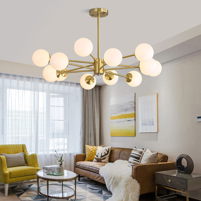Postmodernism Balls Chandelier Ivory Glass Living Room Hanging Light with Burst Design in Gold Clearhalo 'Ceiling Lights' 'Chandeliers' 'Modern Chandeliers' 'Modern' Lighting' 2357368