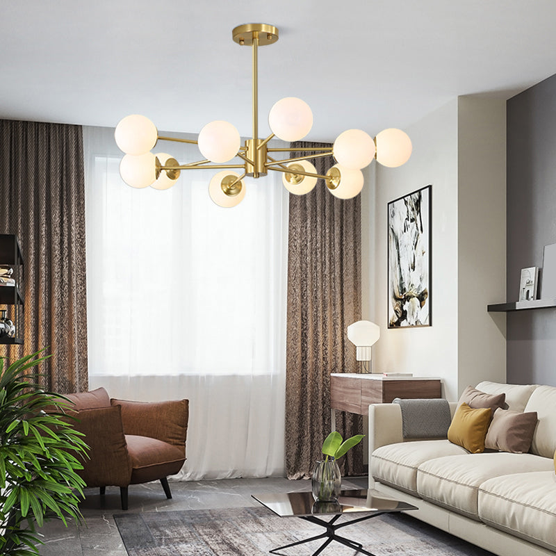 Postmodernism Balls Chandelier Ivory Glass Living Room Hanging Light with Burst Design in Gold Clearhalo 'Ceiling Lights' 'Chandeliers' 'Modern Chandeliers' 'Modern' Lighting' 2357369