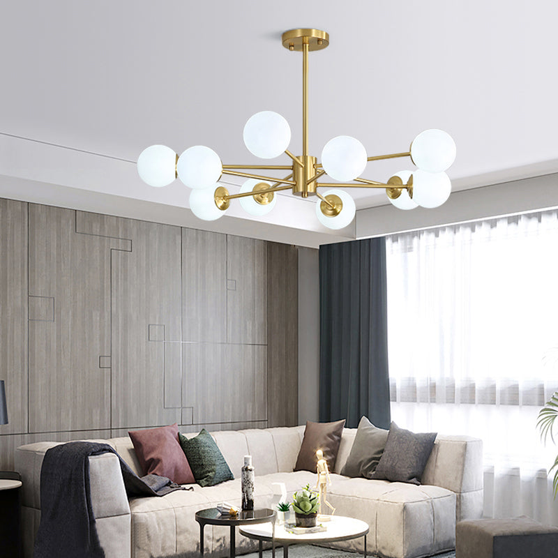 Postmodernism Balls Chandelier Ivory Glass Living Room Hanging Light with Burst Design in Gold Clearhalo 'Ceiling Lights' 'Chandeliers' 'Modern Chandeliers' 'Modern' Lighting' 2357371