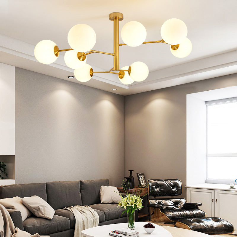 Hand-Blown Milk Glass Ball Chandelier Simplicity Suspension Lighting for Living Room Clearhalo 'Ceiling Lights' 'Chandeliers' 'Modern Chandeliers' 'Modern' Lighting' 2357387