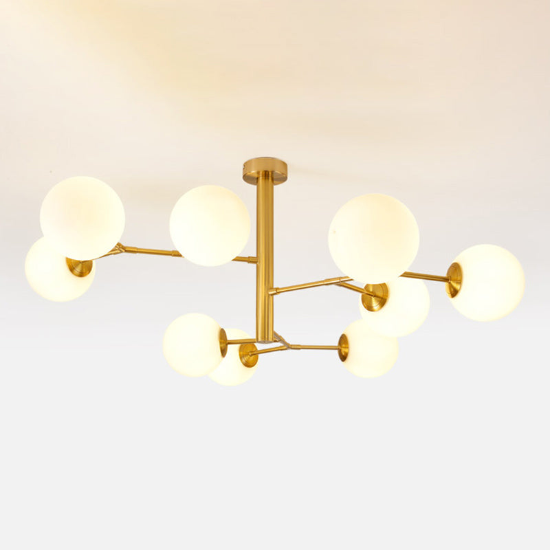 Hand-Blown Milk Glass Ball Chandelier Simplicity Suspension Lighting for Living Room 9 Gold Clearhalo 'Ceiling Lights' 'Chandeliers' 'Modern Chandeliers' 'Modern' Lighting' 2357388