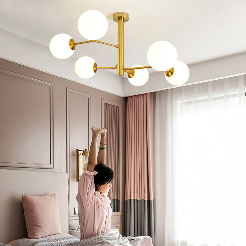 Hand-Blown Milk Glass Ball Chandelier Simplicity Suspension Lighting for Living Room Clearhalo 'Ceiling Lights' 'Chandeliers' 'Modern Chandeliers' 'Modern' Lighting' 2357389