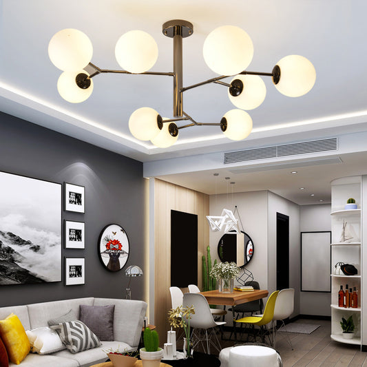 Hand-Blown Milk Glass Ball Chandelier Simplicity Suspension Lighting for Living Room Clearhalo 'Ceiling Lights' 'Chandeliers' 'Modern Chandeliers' 'Modern' Lighting' 2357391