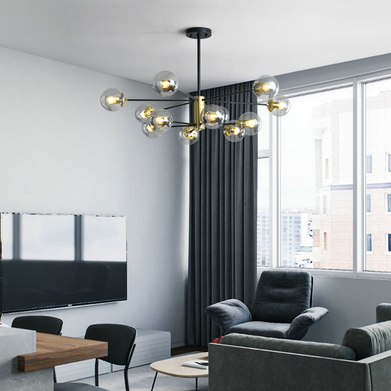 Postmodern Sputnik Pendant Light Fixture Glass Living Room Chandelier in Black-Gold 12 Black Clear Clearhalo 'Ceiling Lights' 'Chandeliers' 'Modern Chandeliers' 'Modern' Lighting' 2357408