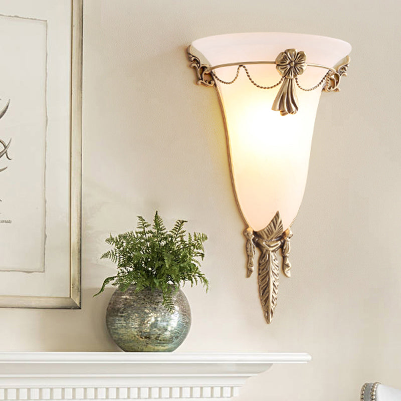 9.5"/12.5" Wide Trumpet Flare Sconce Light Traditionary White Glass 1 Head Brass Wall Lamp Fixture for Living Room Brass 9.5" Clearhalo 'Wall Lamps & Sconces' 'Wall Lights' Lighting' 235780