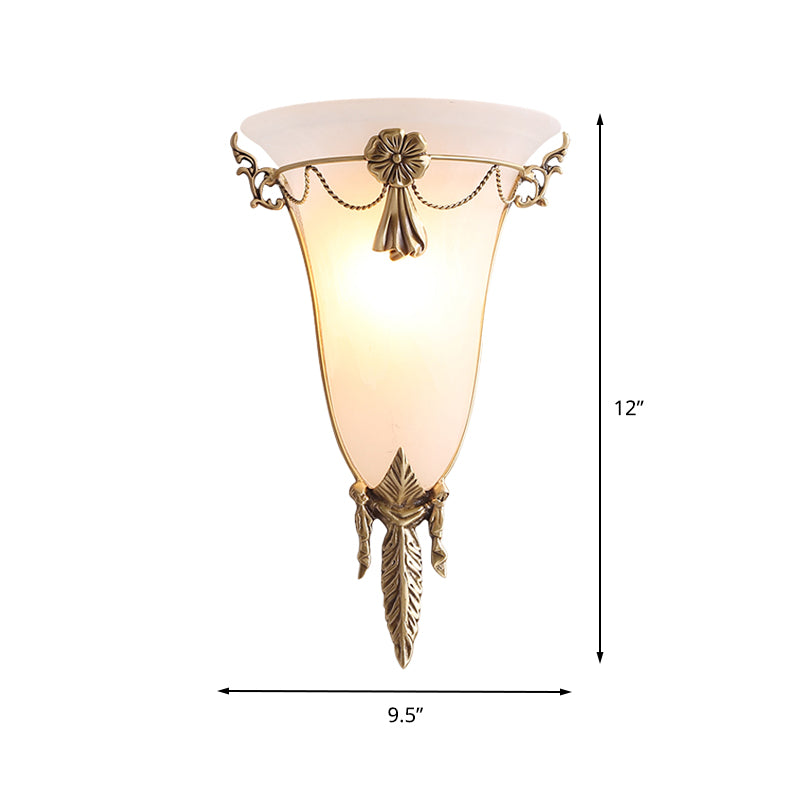 9.5"/12.5" Wide Trumpet Flare Sconce Light Traditionary White Glass 1 Head Brass Wall Lamp Fixture for Living Room Clearhalo 'Wall Lamps & Sconces' 'Wall Lights' Lighting' 235783