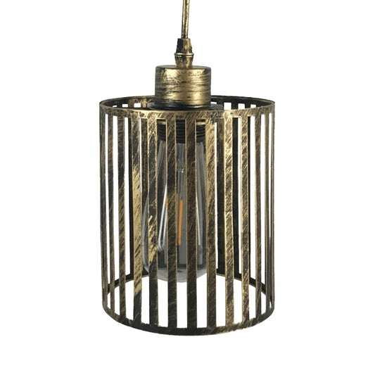 Aged Brass Cylinder/Squared Pendant Ceiling Light with Cage Shade Vintage Metal 1 Light Restaurant Pendant Lamp Clearhalo 'Art Deco Pendants' 'Cast Iron' 'Ceiling Lights' 'Ceramic' 'Crystal' 'Industrial Pendants' 'Industrial' 'Metal' 'Middle Century Pendants' 'Pendant Lights' 'Pendants' 'Tiffany' Lighting' 235806