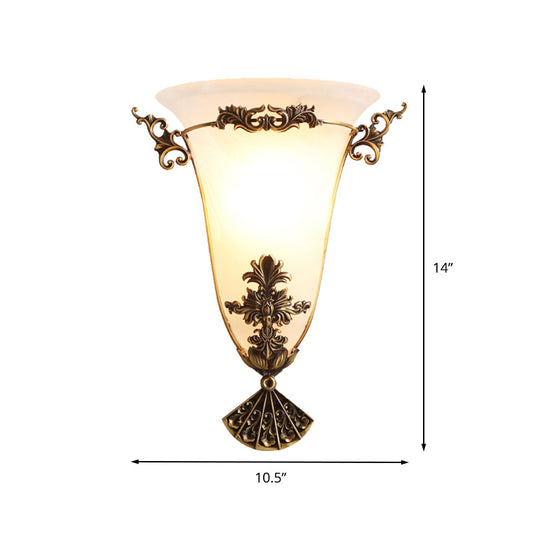 Brass Flower Sconce Light Traditional 1 Head Milky Glass Wall Lighting Fixture for Hallway Clearhalo 'Wall Lamps & Sconces' 'Wall Lights' Lighting' 235920