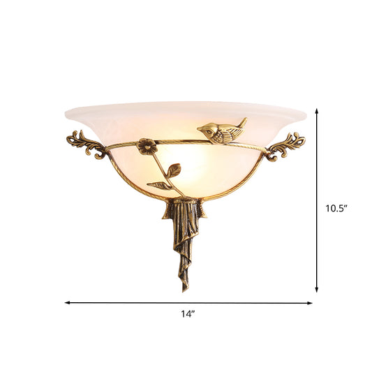 1 Bulb Wide Flare Wall Lamp Tradition White/Yellow Glass Sconce Light Fixture with Flower Deco toward Left/Right Clearhalo 'Wall Lamps & Sconces' 'Wall Lights' Lighting' 235958
