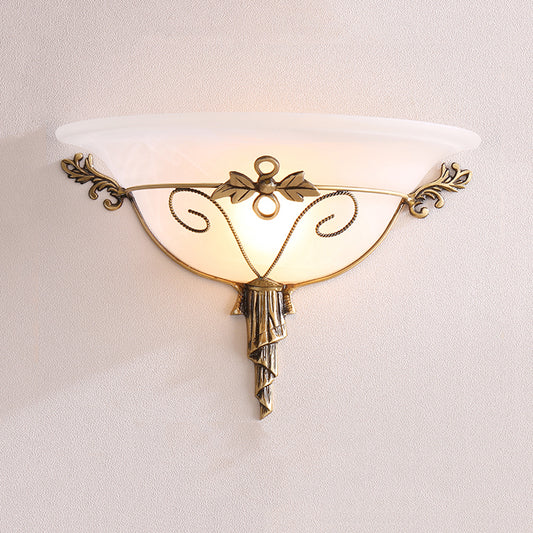 Traditional Trumpet Sconce White/Yellow Glass 1 Bulb Wall Mounted Light Fixture with Leaf Deco for Stairway Clearhalo 'Wall Lamps & Sconces' 'Wall Lights' Lighting' 235964