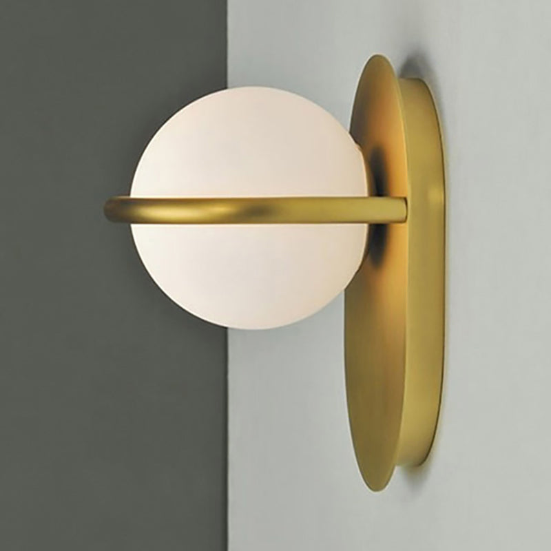 Modernist Orb Wall Light Milk Glass 1 Bulb Bedroom Sconce Lighting with Oval Metal Backplate in Black/Gold Clearhalo 'Cast Iron' 'Glass' 'Industrial' 'Modern wall lights' 'Modern' 'Tiffany' 'Traditional wall lights' 'Wall Lamps & Sconces' 'Wall Lights' Lighting' 236042