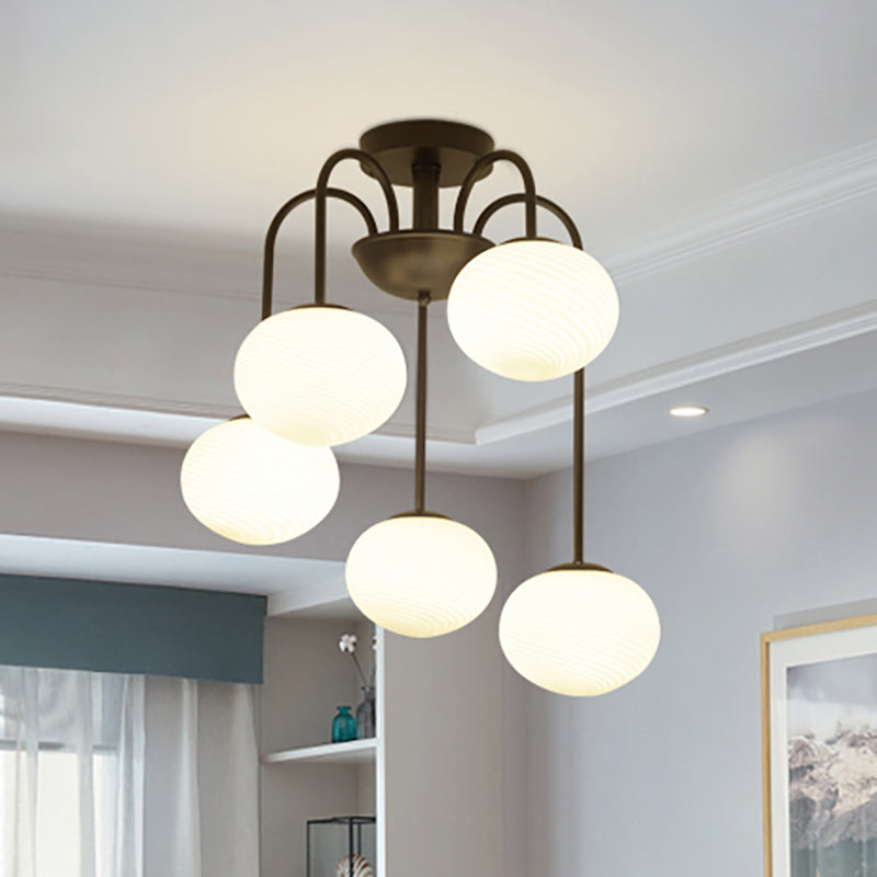 Modernist 5 Lights Ceiling Mounted Light with Frosted Glass Shade Black/White Finish Ball Semi Flush Mount Light Clearhalo 'Ceiling Lights' 'Chandeliers' 'Close To Ceiling Lights' 'Close to ceiling' 'Glass shade' 'Glass' 'Semi-flushmount' Lighting' 236084