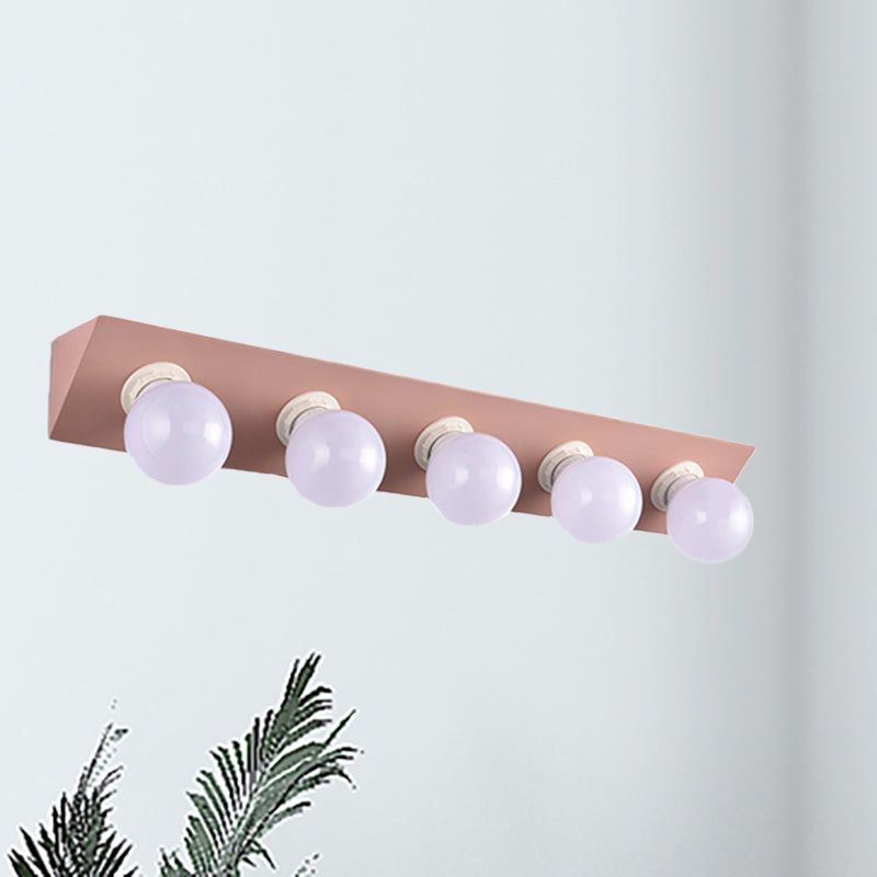 Metal Linear Vanity Sconce Light with Bare Bulb Macaron Style 5 Lights Wall Sconce in Pink/Yellow Clearhalo 'Cast Iron' 'Glass' 'Industrial' 'Modern wall lights' 'Modern' 'Tiffany' 'Traditional wall lights' 'Vanity Lights' 'Wall Lights' Lighting' 236093
