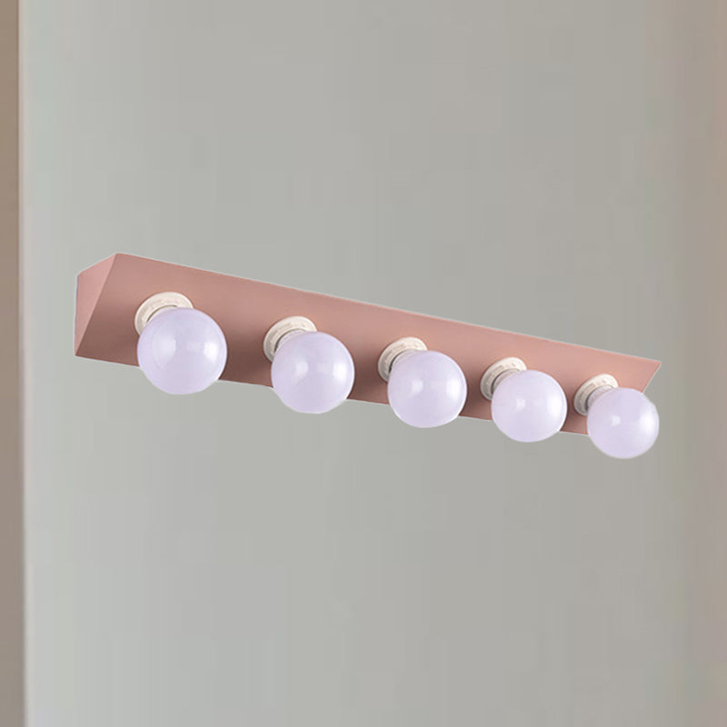 Metal Linear Vanity Sconce Light with Bare Bulb Macaron Style 5 Lights Wall Sconce in Pink/Yellow Pink Clearhalo 'Cast Iron' 'Glass' 'Industrial' 'Modern wall lights' 'Modern' 'Tiffany' 'Traditional wall lights' 'Vanity Lights' 'Wall Lights' Lighting' 236094