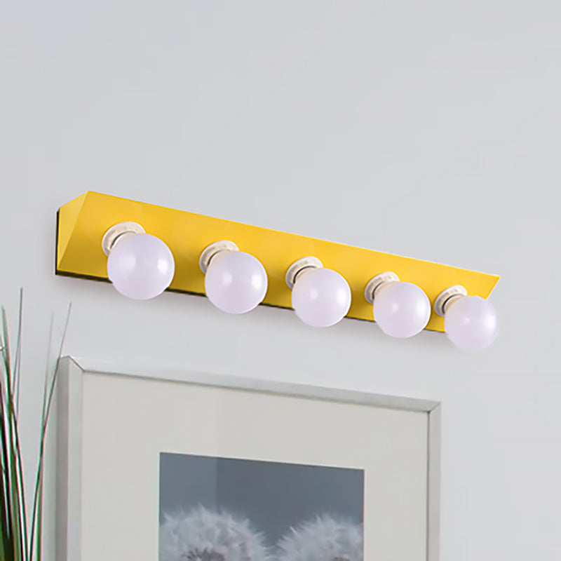 Metal Linear Vanity Sconce Light with Bare Bulb Macaron Style 5 Lights Wall Sconce in Pink/Yellow Clearhalo 'Cast Iron' 'Glass' 'Industrial' 'Modern wall lights' 'Modern' 'Tiffany' 'Traditional wall lights' 'Vanity Lights' 'Wall Lights' Lighting' 236095