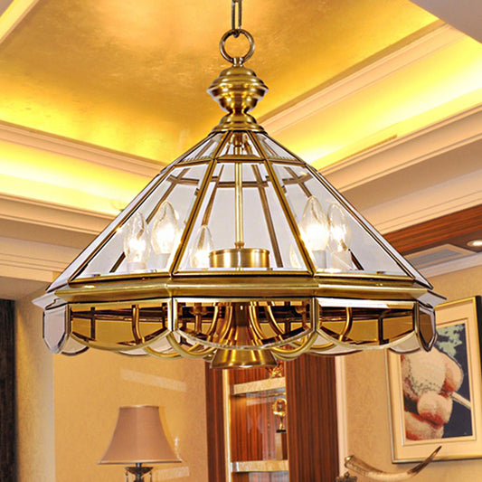Cone Pendant Chandelier Traditional Clear Glass 6 Bulbs Brass Hanging Ceiling Light Brass Clearhalo 'Ceiling Lights' 'Chandeliers' 'Glass shade' 'Glass' Lighting' 236102