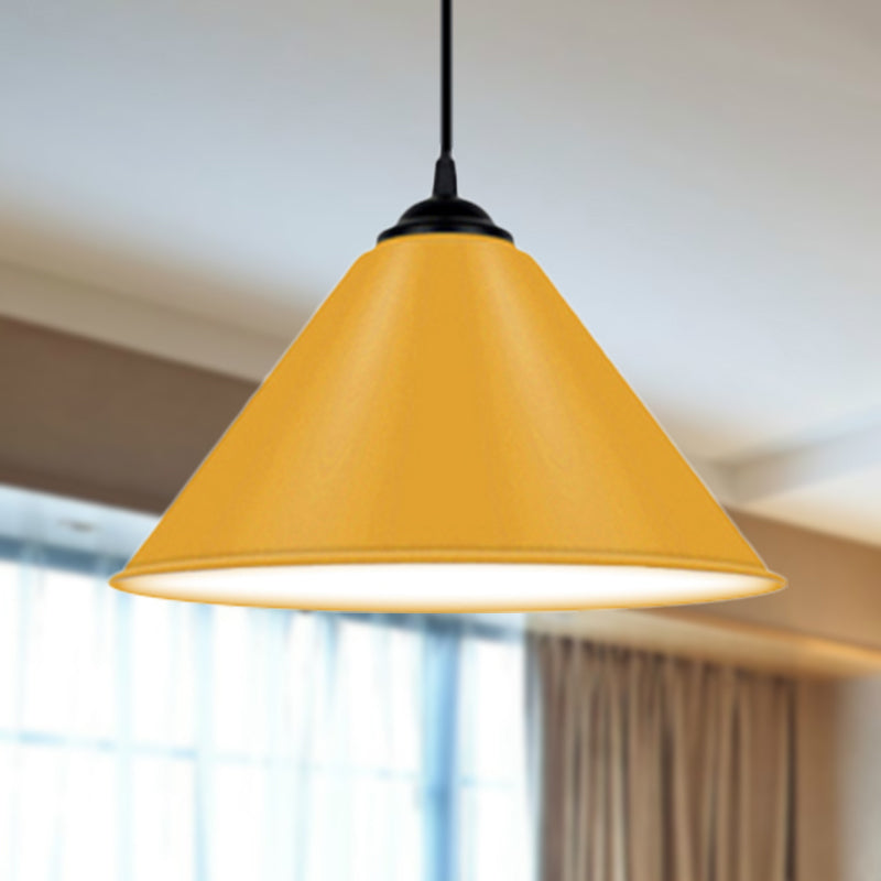 Cone Hanging Light Modern Metal 1 Light Pink/Yellow/Green Pendant Light, 12"/14"/16" Dia Yellow Clearhalo 'Ceiling Lights' 'Modern Pendants' 'Modern' 'Pendant Lights' 'Pendants' Lighting' 236222