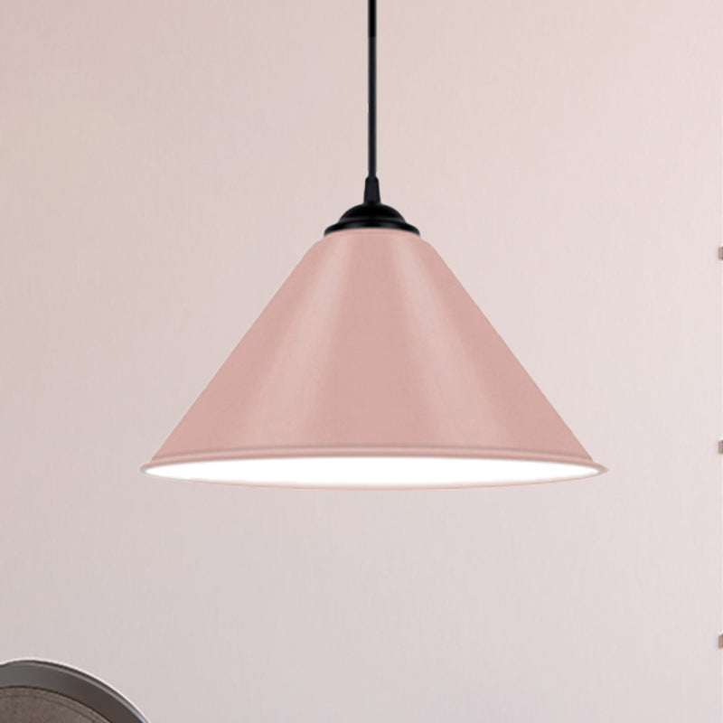 Cone Hanging Light Modern Metal 1 Light Pink/Yellow/Green Pendant Light, 12"/14"/16" Dia Pink Clearhalo 'Ceiling Lights' 'Modern Pendants' 'Modern' 'Pendant Lights' 'Pendants' Lighting' 236224