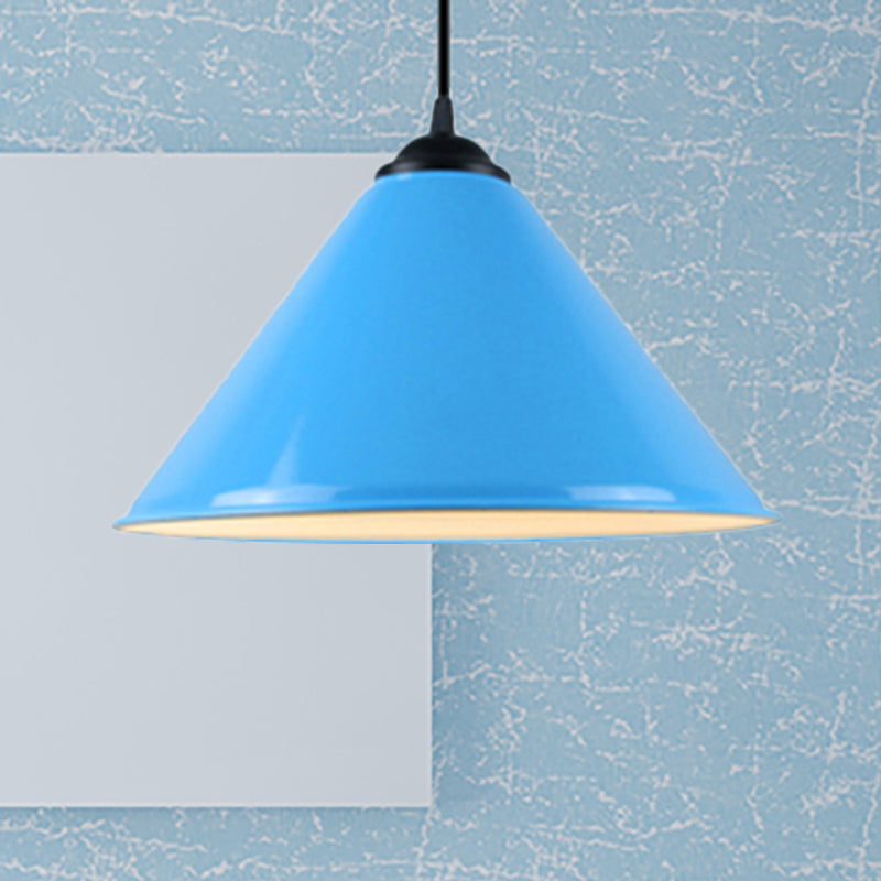 Cone Hanging Light Modern Metal 1 Light Pink/Yellow/Green Pendant Light, 12"/14"/16" Dia Blue Clearhalo 'Ceiling Lights' 'Modern Pendants' 'Modern' 'Pendant Lights' 'Pendants' Lighting' 236226