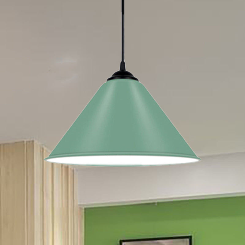 Cone Hanging Light Modern Metal 1 Light Pink/Yellow/Green Pendant Light, 12"/14"/16" Dia Green Clearhalo 'Ceiling Lights' 'Modern Pendants' 'Modern' 'Pendant Lights' 'Pendants' Lighting' 236228