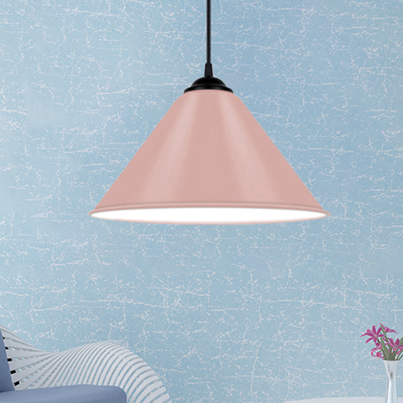 Cone Hanging Light Modern Metal 1 Light Pink/Yellow/Green Pendant Light, 12"/14"/16" Dia Clearhalo 'Ceiling Lights' 'Modern Pendants' 'Modern' 'Pendant Lights' 'Pendants' Lighting' 236243