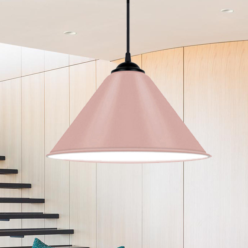 Cone Hanging Light Modern Metal 1 Light Pink/Yellow/Green Pendant Light, 12"/14"/16" Dia Clearhalo 'Ceiling Lights' 'Modern Pendants' 'Modern' 'Pendant Lights' 'Pendants' Lighting' 236244