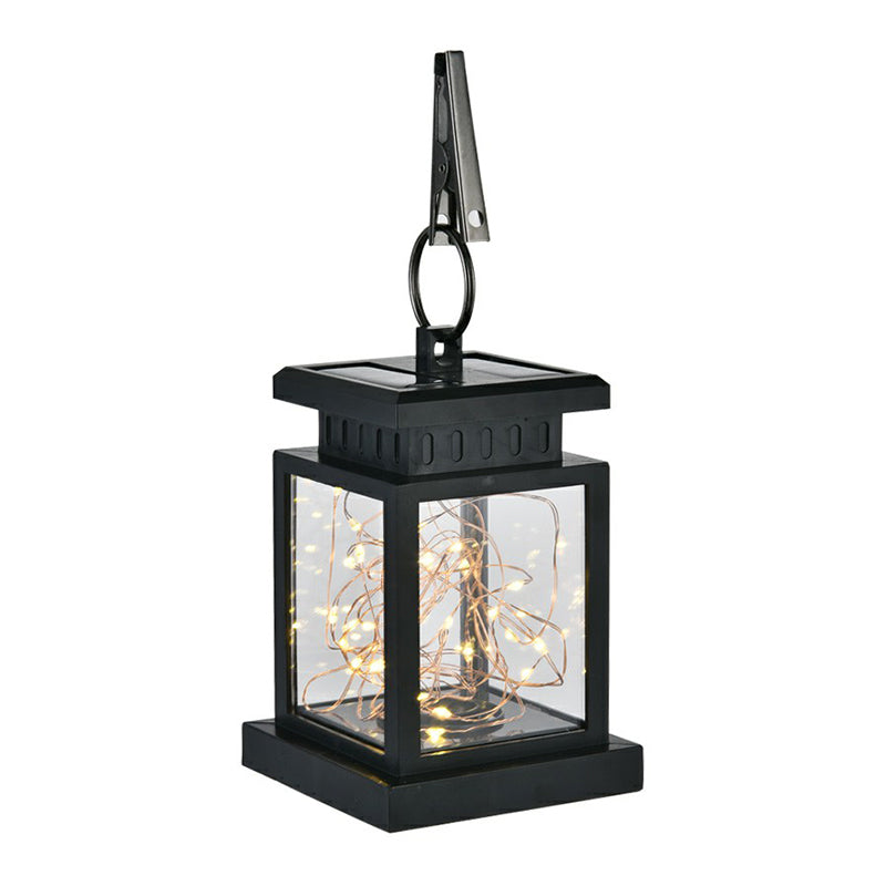 Clear Glass Lantern Pendant Light Artistic Black LED Solar Hanging Light with Clamp and Hook Clearhalo 'Ceiling Lights' 'Pendant Lights' 'Pendants' Lighting' 2364415