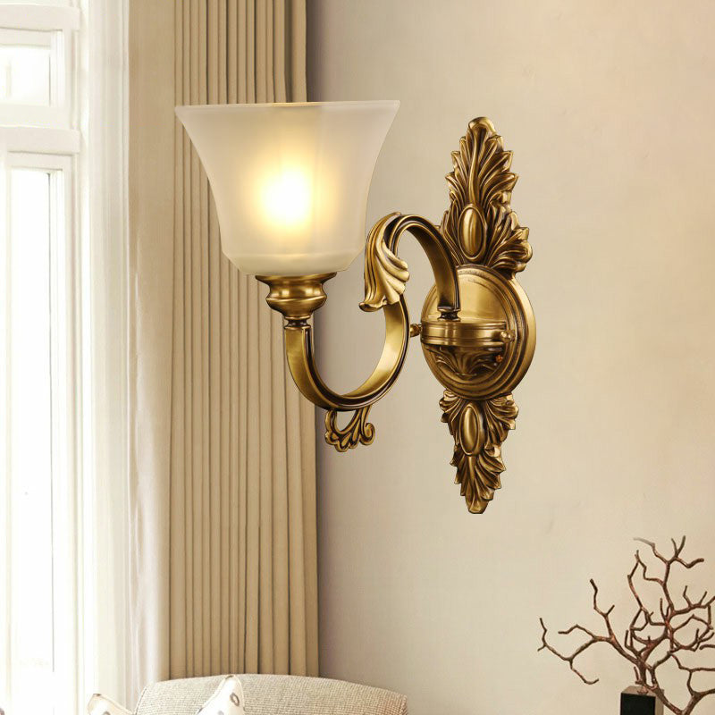 Paneled Bell Frosted Glass Sconce Antiqued 1-Light Bedside Wall Lighting Fixture in Bronze Clearhalo 'Wall Lamps & Sconces' 'Wall Lights' Lighting' 2364422