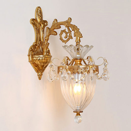 Gold Finish Wall Light French Country Clear Rib Glass Bell Shaped Wall Sconce for Corridor Clearhalo 'Wall Lamps & Sconces' 'Wall Lights' Lighting' 2364426