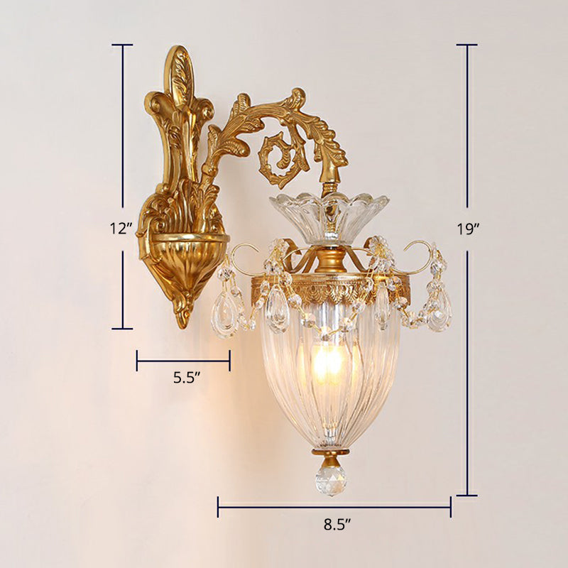 Gold Finish Wall Light French Country Clear Rib Glass Bell Shaped Wall Sconce for Corridor 1.0 Gold Brass Clearhalo 'Wall Lamps & Sconces' 'Wall Lights' Lighting' 2364427