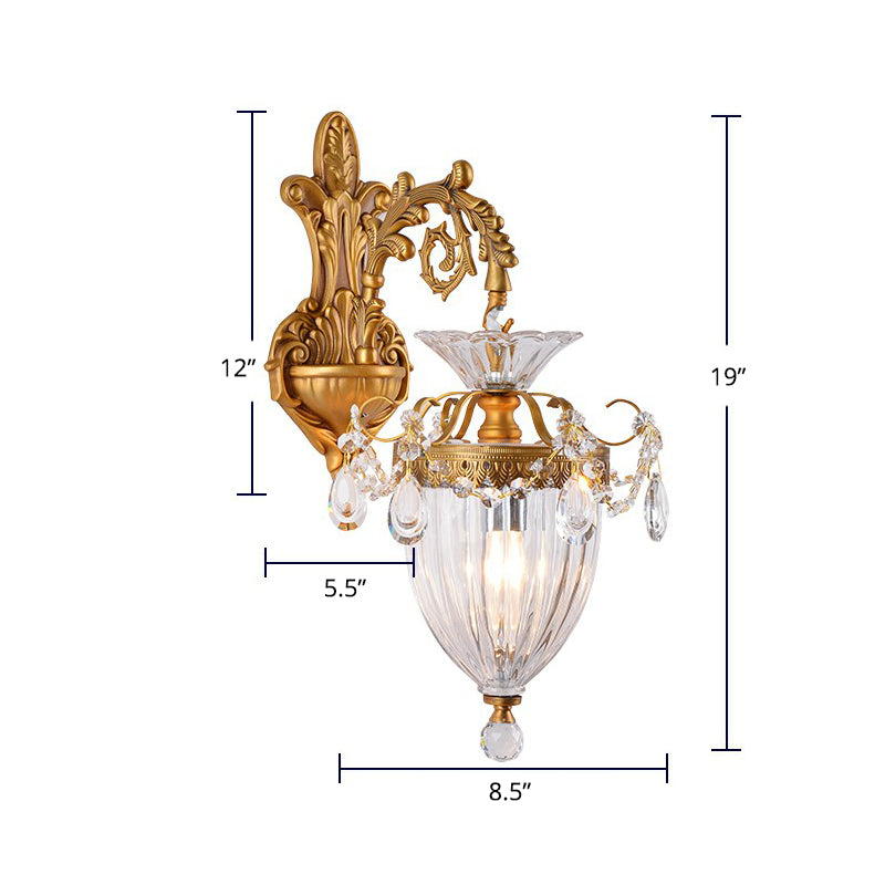 Gold Finish Wall Light French Country Clear Rib Glass Bell Shaped Wall Sconce for Corridor 1.0 Gold Metal Clearhalo 'Wall Lamps & Sconces' 'Wall Lights' Lighting' 2364428