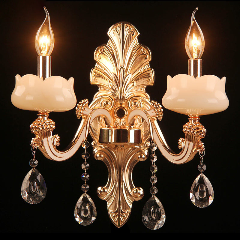 Faux Jade Candle Wall Sconce Traditional 2-Light Bedroom Wall Lamp with Crystal Deco in Gold Clearhalo 'Wall Lamps & Sconces' 'Wall Lights' Lighting' 2364451