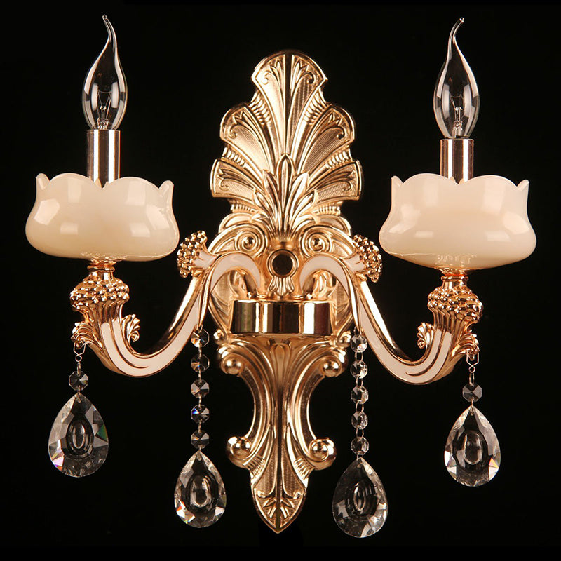 Faux Jade Candle Wall Sconce Traditional 2-Light Bedroom Wall Lamp with Crystal Deco in Gold Clearhalo 'Wall Lamps & Sconces' 'Wall Lights' Lighting' 2364452