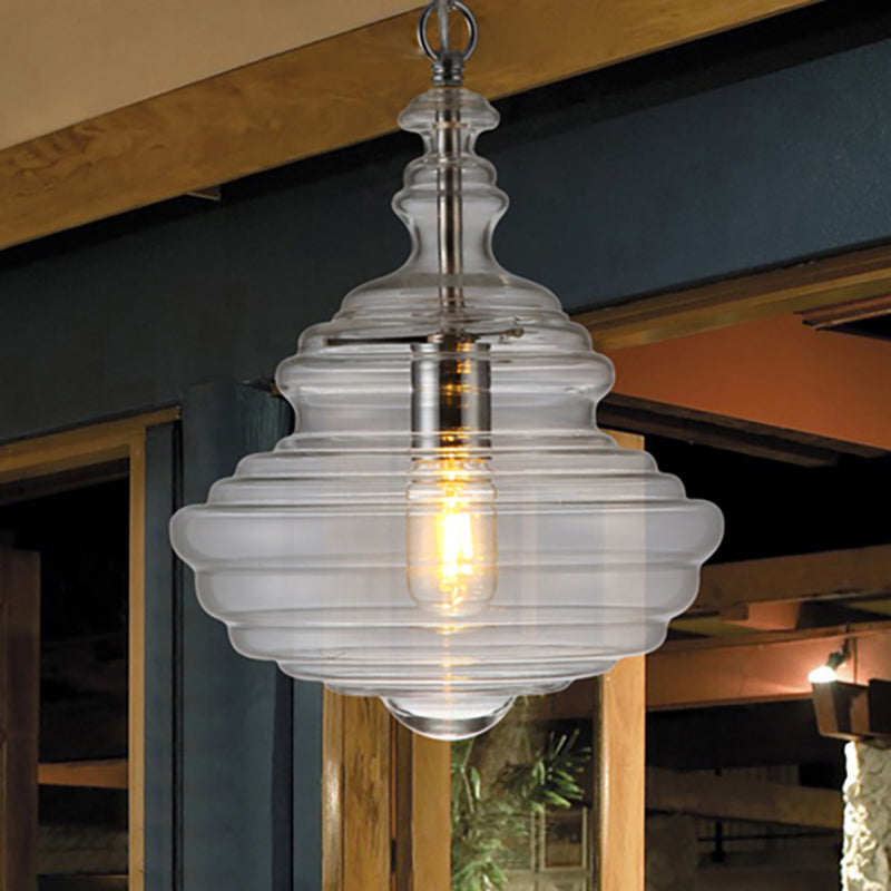 Contemporary Spool/Bell Pendant Light Clear/Blue Ruffle Glass 1 Light Bedroom Hanging Ceiling Light Clear B Clearhalo 'Ceiling Lights' 'Glass shade' 'Glass' 'Modern Pendants' 'Modern' 'Pendant Lights' 'Pendants' Lighting' 236446