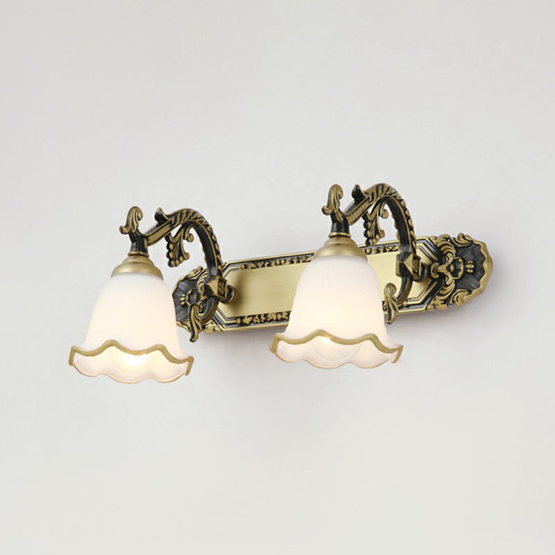 Bell Bathroom Wall Light Fixture Traditional Ivory Glass Sconce Lamp with Ruffled Trim 2.0 Bronze Clearhalo 'Vanity Lights' 'Wall Lights' Lighting' 2364461