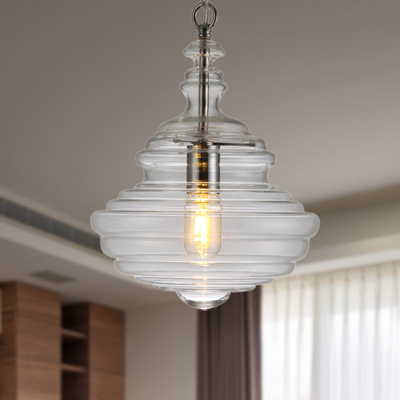 Contemporary Spool/Bell Pendant Light Clear/Blue Ruffle Glass 1 Light Bedroom Hanging Ceiling Light Clearhalo 'Ceiling Lights' 'Glass shade' 'Glass' 'Modern Pendants' 'Modern' 'Pendant Lights' 'Pendants' Lighting' 236447