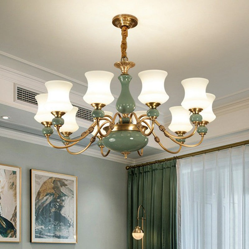 Retro Vase Up Chandelier Opal Frosted Glass Hanging Light in Emerald Green-Gold for Dining Room Clearhalo 'Ceiling Lights' 'Chandeliers' Lighting' 2364476