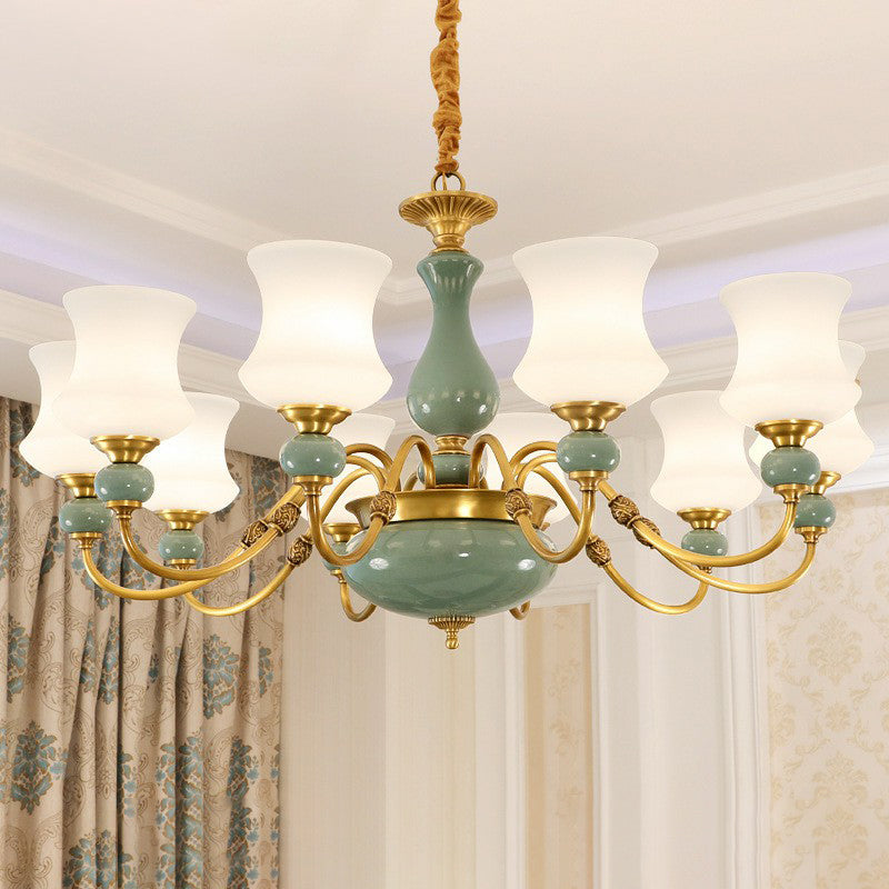 Retro Vase Up Chandelier Opal Frosted Glass Hanging Light in Emerald Green-Gold for Dining Room 10 Gold Clearhalo 'Ceiling Lights' 'Chandeliers' Lighting' 2364477