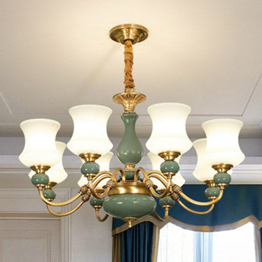 Retro Vase Up Chandelier Opal Frosted Glass Hanging Light in Emerald Green-Gold for Dining Room Clearhalo 'Ceiling Lights' 'Chandeliers' Lighting' 2364478