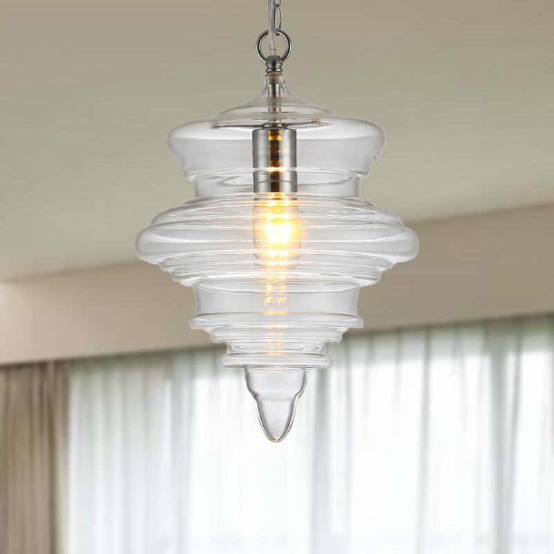 Contemporary Spool/Bell Pendant Light Clear/Blue Ruffle Glass 1 Light Bedroom Hanging Ceiling Light Clear A Clearhalo 'Ceiling Lights' 'Glass shade' 'Glass' 'Modern Pendants' 'Modern' 'Pendant Lights' 'Pendants' Lighting' 236448