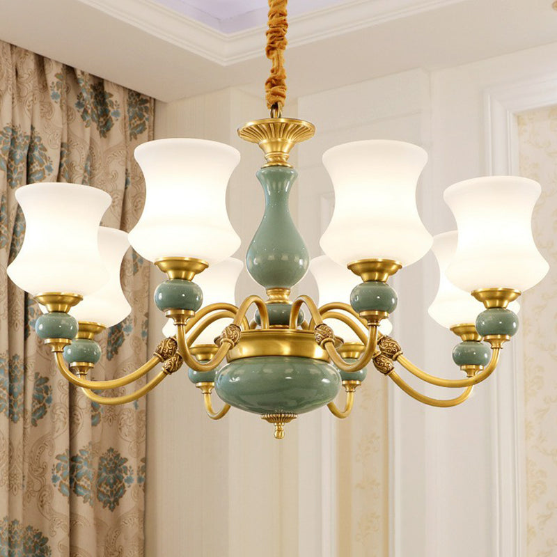 Retro Vase Up Chandelier Opal Frosted Glass Hanging Light in Emerald Green-Gold for Dining Room 8 Gold Clearhalo 'Ceiling Lights' 'Chandeliers' Lighting' 2364480