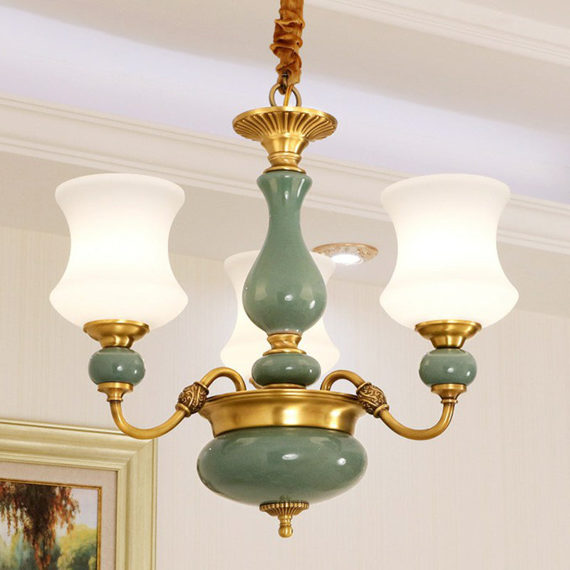 Retro Vase Up Chandelier Opal Frosted Glass Hanging Light in Emerald Green-Gold for Dining Room 3 Gold Clearhalo 'Ceiling Lights' 'Chandeliers' Lighting' 2364481