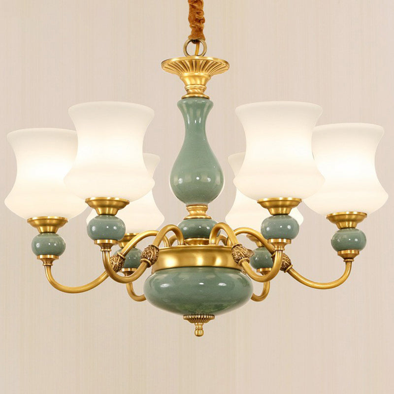 Retro Vase Up Chandelier Opal Frosted Glass Hanging Light in Emerald Green-Gold for Dining Room 6 Gold Clearhalo 'Ceiling Lights' 'Chandeliers' Lighting' 2364482