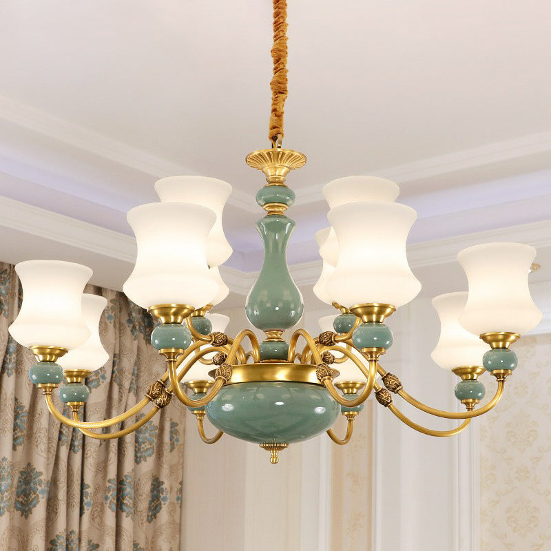 Retro Vase Up Chandelier Opal Frosted Glass Hanging Light in Emerald Green-Gold for Dining Room 12 Gold Clearhalo 'Ceiling Lights' 'Chandeliers' Lighting' 2364483